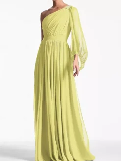 Evening Dress A-Line One-Shoulder Floor-Length Long Sleeves Backless Pleated Chiffon Formal Party Dresses