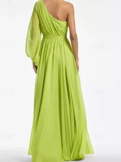 Evening Dress A-Line One-Shoulder Floor-Length Long Sleeves Backless Pleated Chiffon Formal Party Dresses