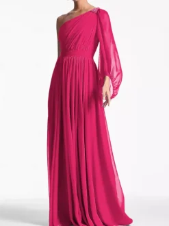 Evening Dress A-Line One-Shoulder Floor-Length Long Sleeves Backless Pleated Chiffon Formal Party Dresses