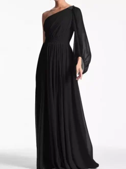Evening Dress A-Line One-Shoulder Floor-Length Long Sleeves Backless Pleated Chiffon Formal Party Dresses