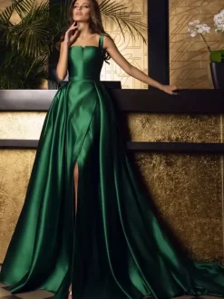 Evening Dress A-Line Square Neck Floor-Length Sleeveless Zipper Satin Fabric Social Pageant Dresses