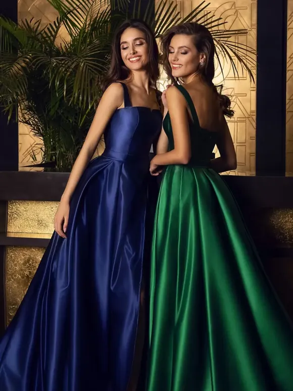 Evening Dress A-Line Square Neck Floor-Length Sleeveless Zipper Satin Fabric Social Pageant Dresses