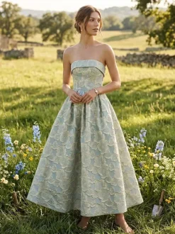 Evening Dress A-Line Strapless Jacquard Ankle-Length Formal Party Dresses