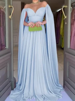 Evening Dress A-Line Sweetheart Neck Chiffon With Train Pleated Social Party Dresses