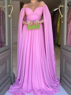 Evening Dress A-Line Sweetheart Neck Chiffon With Train Pleated Social Party Dresses
