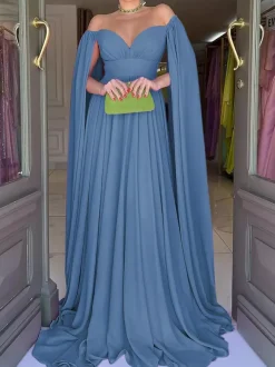 Evening Dress A-Line Sweetheart Neck Chiffon With Train Pleated Social Party Dresses