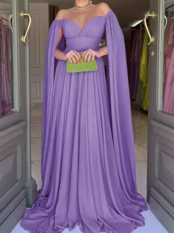 Evening Dress A-Line Sweetheart Neck Chiffon With Train Pleated Social Party Dresses