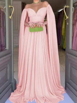 Evening Dress A-Line Sweetheart Neck Chiffon With Train Pleated Social Party Dresses