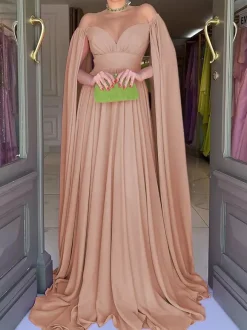 Evening Dress A-Line Sweetheart Neck Chiffon With Train Pleated Social Party Dresses