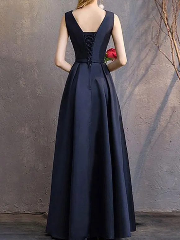 Evening Dress A-Line V-Neck Polyester Floor-Length Formal Party Dresses