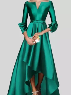 Evening Dress A-Line V-Neck 3/4 Length Sleeves Zipper Pleated Satin Fabric Social Pageant Dresses