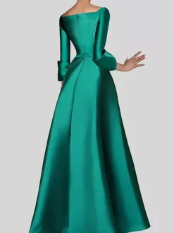 Evening Dress A-Line V-Neck 3/4 Length Sleeves Zipper Pleated Satin Fabric Social Pageant Dresses