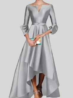 Evening Dress A-Line V-Neck 3/4 Length Sleeves Zipper Pleated Satin Fabric Social Pageant Dresses