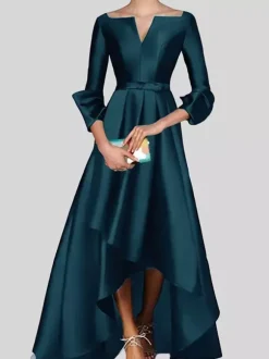 Evening Dress A-Line V-Neck 3/4 Length Sleeves Zipper Pleated Satin Fabric Social Pageant Dresses