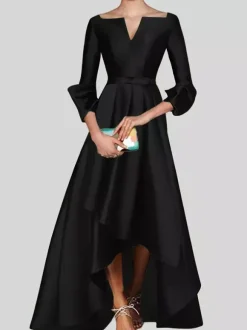 Evening Dress A-Line V-Neck 3/4 Length Sleeves Zipper Pleated Satin Fabric Social Pageant Dresses