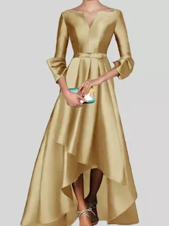 Evening Dress A-Line V-Neck 3/4 Length Sleeves Zipper Pleated Satin Fabric Social Pageant Dresses