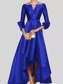 Evening Dress A-Line V-Neck 3/4 Length Sleeves Zipper Pleated Satin Fabric Social Pageant Dresses