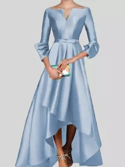 Evening Dress A-Line V-Neck 3/4 Length Sleeves Zipper Pleated Satin Fabric Social Pageant Dresses