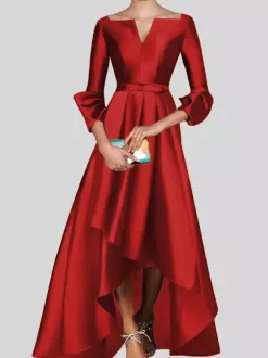 Evening Dress A-Line V-Neck 3/4 Length Sleeves Zipper Pleated Satin Fabric Social Pageant Dresses