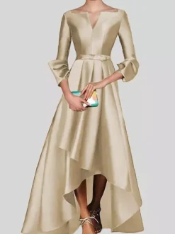 Evening Dress A-Line V-Neck 3/4 Length Sleeves Zipper Pleated Satin Fabric Social Pageant Dresses