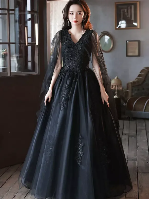 Evening Dress A-Line V-Neck Polyester Floor-Length Applique Formal Party Dresses