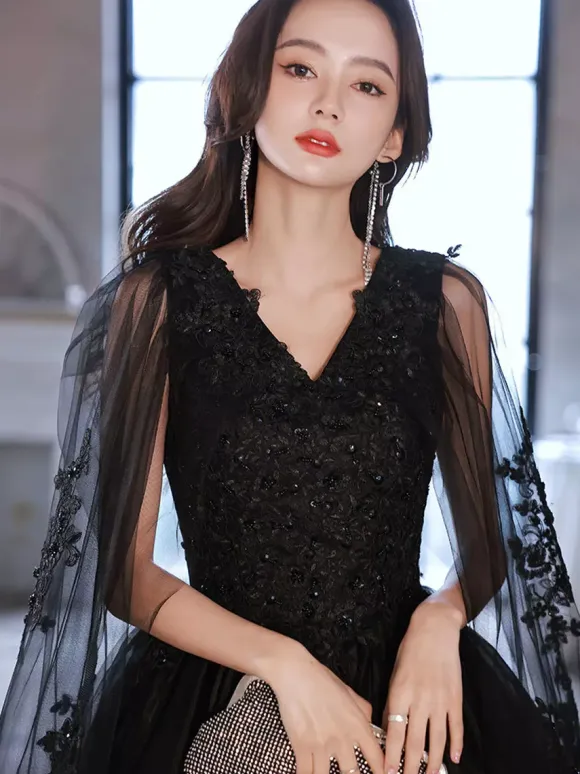 Evening Dress A-Line V-Neck Polyester Floor-Length Applique Formal Party Dresses