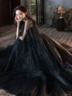 Evening Dress A-Line V-Neck Polyester Floor-Length Applique Formal Party Dresses