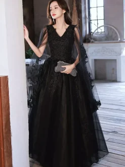 Evening Dress A-Line V-Neck Polyester Floor-Length Applique Formal Party Dresses