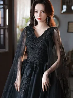 Evening Dress A-Line V-Neck Polyester Floor-Length Applique Formal Party Dresses