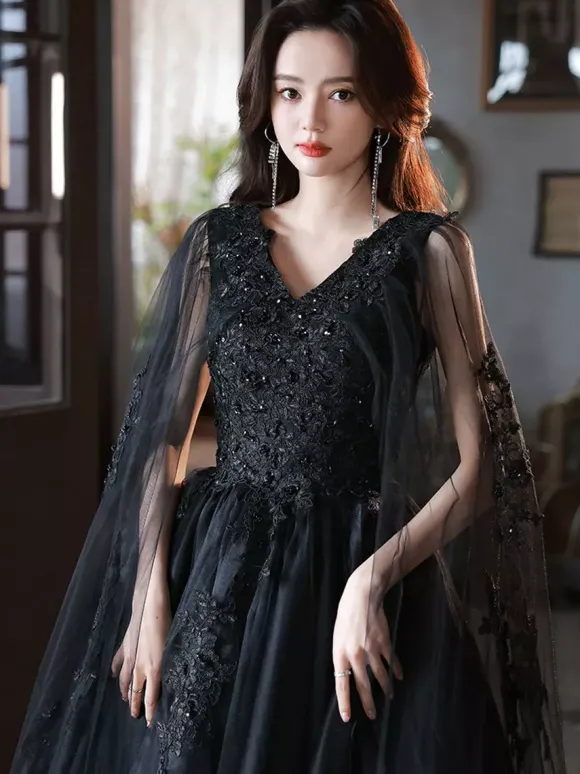 Evening Dress A-Line V-Neck Polyester Floor-Length Applique Formal Party Dresses