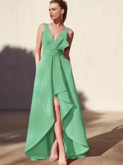 Evening Dress A-Line V-Neck Floor-Length Sleeveless Backless Pleated Satin Fabric Formal Party Dresses