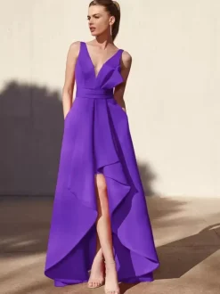 Evening Dress A-Line V-Neck Floor-Length Sleeveless Backless Pleated Satin Fabric Formal Party Dresses
