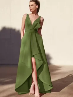 Evening Dress A-Line V-Neck Floor-Length Sleeveless Backless Pleated Satin Fabric Formal Party Dresses