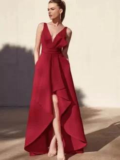 Evening Dress A-Line V-Neck Floor-Length Sleeveless Backless Pleated Satin Fabric Formal Party Dresses