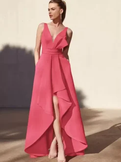 Evening Dress A-Line V-Neck Floor-Length Sleeveless Backless Pleated Satin Fabric Formal Party Dresses