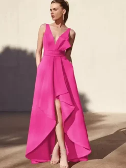 Evening Dress A-Line V-Neck Floor-Length Sleeveless Backless Pleated Satin Fabric Formal Party Dresses