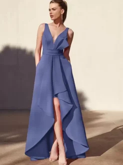 Evening Dress A-Line V-Neck Floor-Length Sleeveless Backless Pleated Satin Fabric Formal Party Dresses
