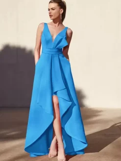 Evening Dress A-Line V-Neck Floor-Length Sleeveless Backless Pleated Satin Fabric Formal Party Dresses