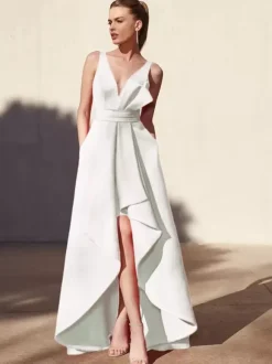 Evening Dress A-Line V-Neck Floor-Length Sleeveless Backless Pleated Satin Fabric Formal Party Dresses