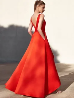 Evening Dress A-Line V-Neck Floor-Length Sleeveless Backless Pleated Satin Fabric Formal Party Dresses
