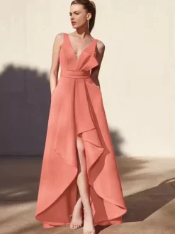 Evening Dress A-Line V-Neck Floor-Length Sleeveless Backless Pleated Satin Fabric Formal Party Dresses