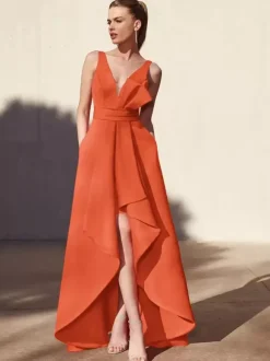 Evening Dress A-Line V-Neck Floor-Length Sleeveless Backless Pleated Satin Fabric Formal Party Dresses