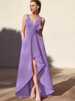 Evening Dress A-Line V-Neck Floor-Length Sleeveless Backless Pleated Satin Fabric Formal Party Dresses