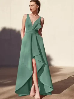 Evening Dress A-Line V-Neck Floor-Length Sleeveless Backless Pleated Satin Fabric Formal Party Dresses