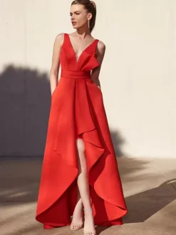 Evening Dress A-Line V-Neck Floor-Length Sleeveless Backless Pleated Satin Fabric Formal Party Dresses