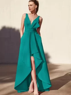Evening Dress A-Line V-Neck Floor-Length Sleeveless Backless Pleated Satin Fabric Formal Party Dresses