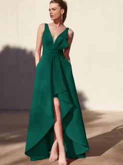 Evening Dress A-Line V-Neck Floor-Length Sleeveless Backless Pleated Satin Fabric Formal Party Dresses