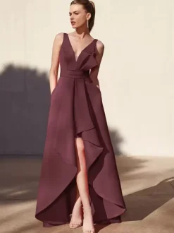 Evening Dress A-Line V-Neck Floor-Length Sleeveless Backless Pleated Satin Fabric Formal Party Dresses