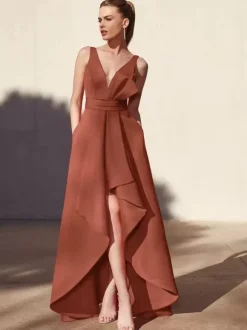 Evening Dress A-Line V-Neck Floor-Length Sleeveless Backless Pleated Satin Fabric Formal Party Dresses