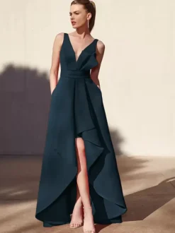 Evening Dress A-Line V-Neck Floor-Length Sleeveless Backless Pleated Satin Fabric Formal Party Dresses